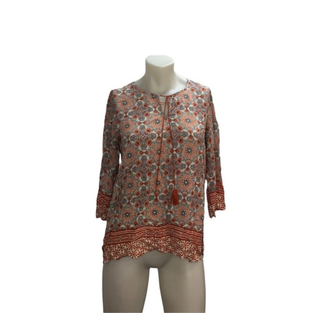 Lucy & Laurel Anthropologie Womens Boho Top Size Medium Orange/Blue Print Tassel - Picture 1 of 7